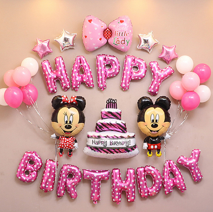 Bộ trang trí sinh nhật chuột mickey - Bong bóng happy birthday - Phụ kiện decor trang trí tiệc thôi nôi cho bé