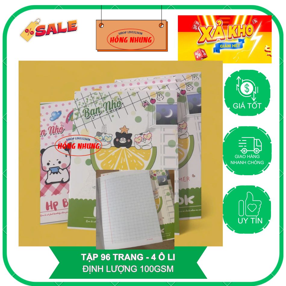 10 Cuốn Tập Vở 96 Trang, Đinh Lượng 100gsm, Loại 4 Ô li, Dày, Phù Hợp cho học sinh Tiểu Học;