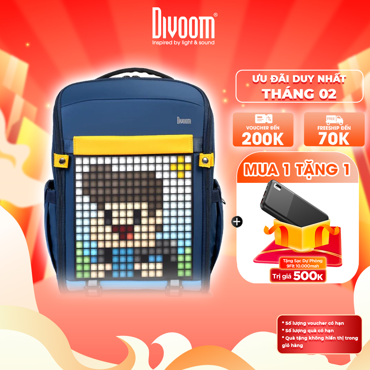 Balo màn hình LED Divoom Pixoo Backpack-S, ngăn chứa laptop 15 inch - Hàng chính hãng