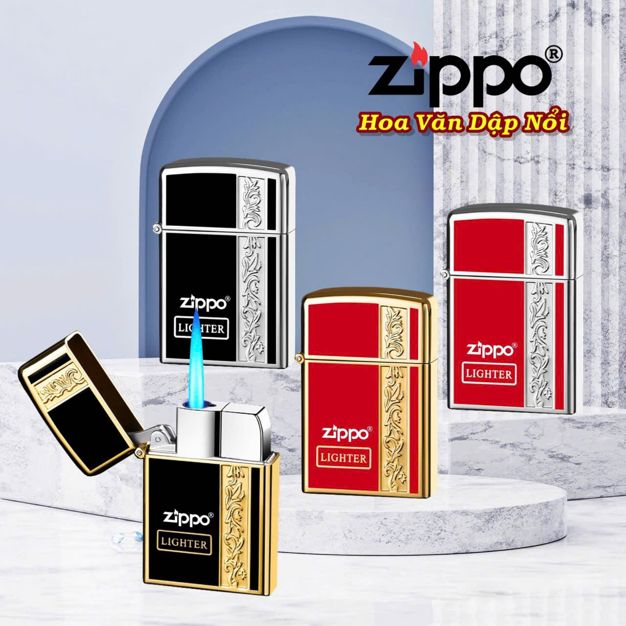 Bật lửa Hột Quẹt khò (ZIPPO) lửa tia xanh chống gió vỏ kim loại nhiều màu bơm gas được khi hết