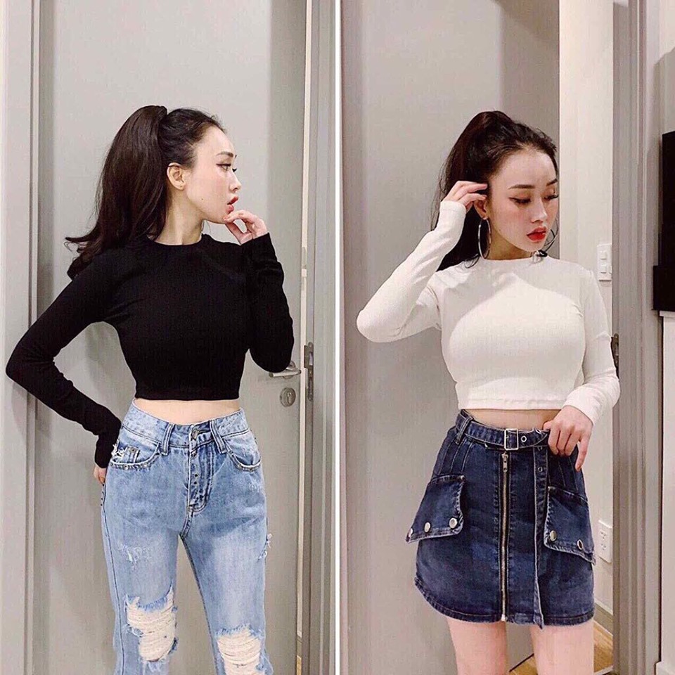 [HCM]Áo thun nữ croptop dài tay trơn -nhiều màu chuẩn hình