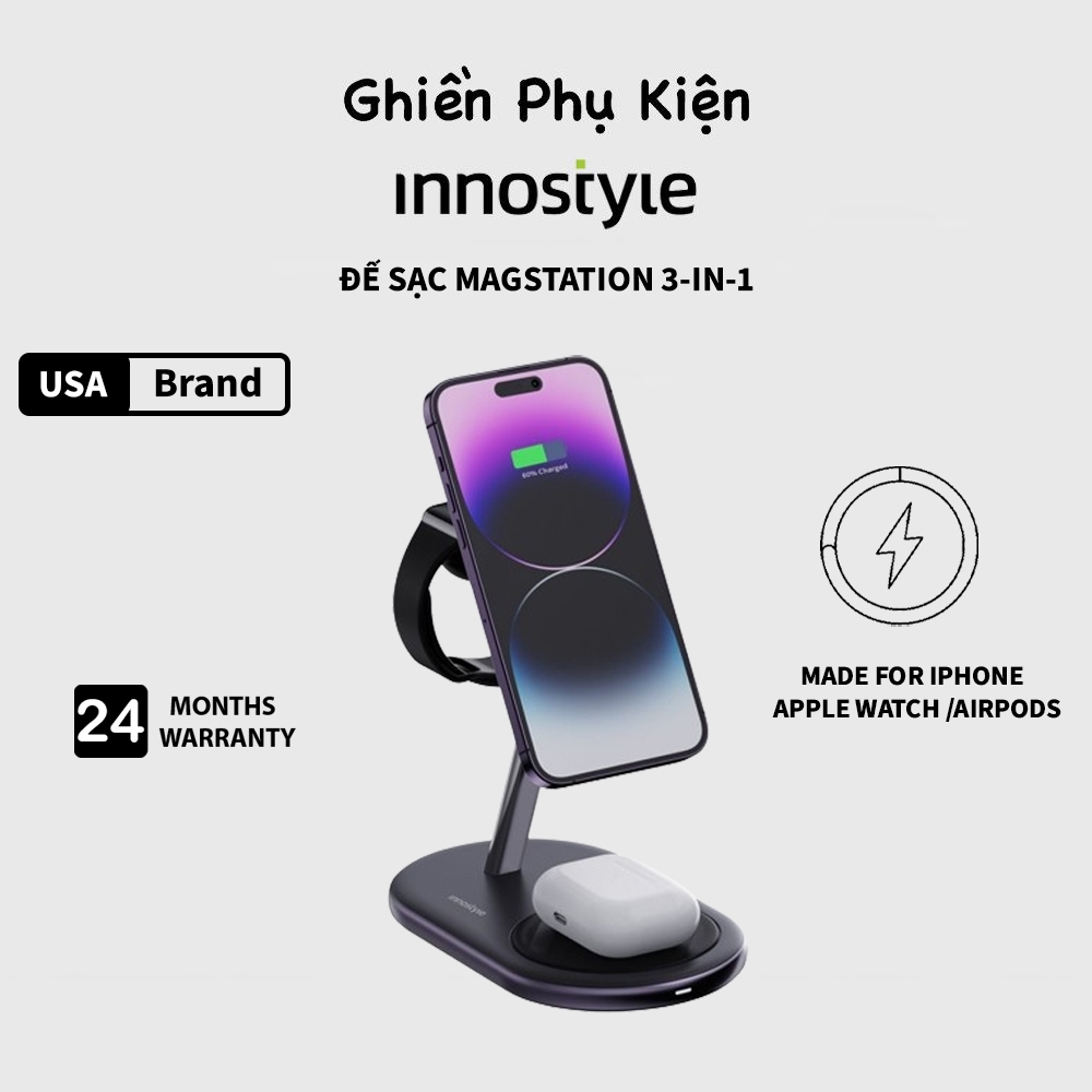 Đế Sạc Không Dây Innostyle USA Magsafe 3IN1 Dành Cho iPhone Apple Watᴄh Airpods - Hàng Chính Hãng