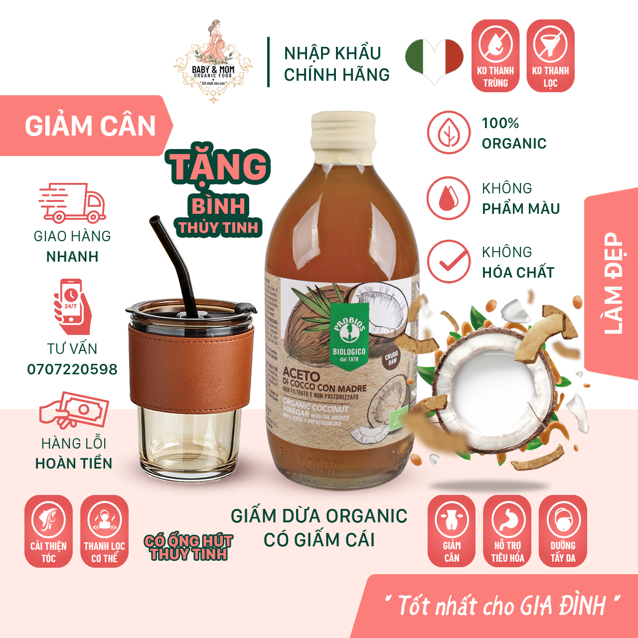 Giấm Dừa Hữu Cơ Có Giấm Cái 500ml ProBios Organic Coconut Vinegar With The Mother