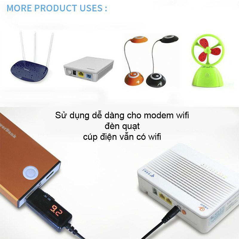 Cáp chuyển USB 5V sang 9V/12V 10W Dùng cho moderm wifi cúp điện vẫn có wifi có Led hiển thị điện áp