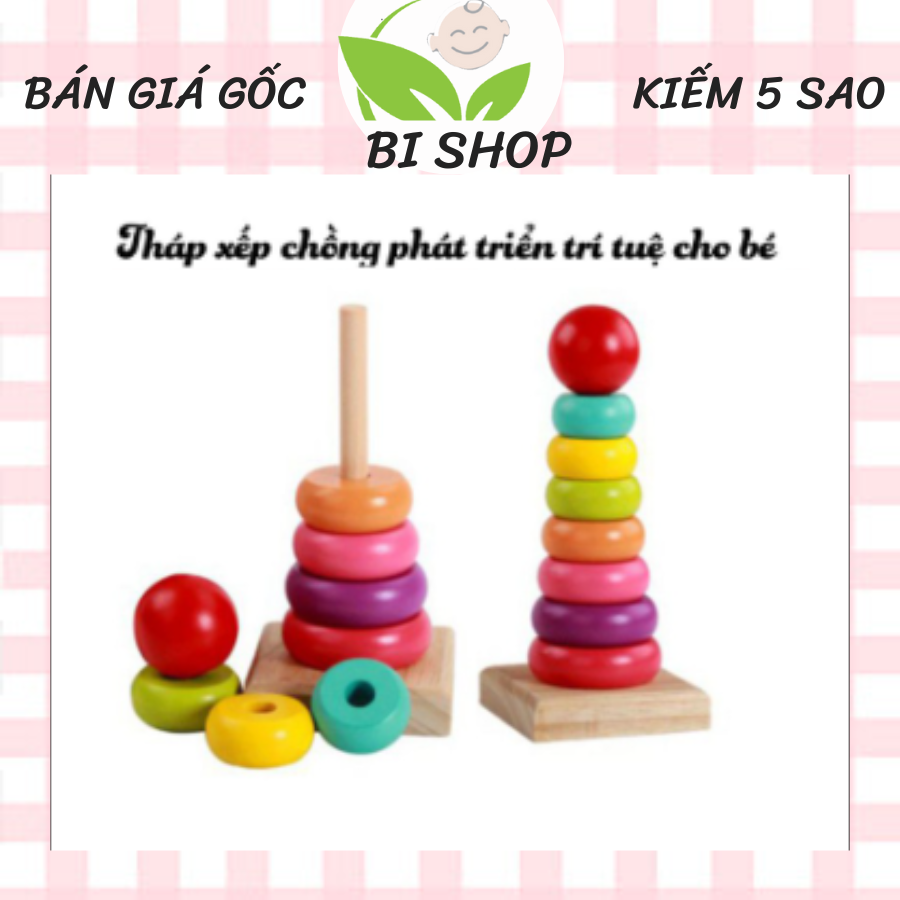 Tháp gỗ xếp chồng - tháp cầu vồng 7 màu mini - đồ chơi thông minh cho bé - bishopxm