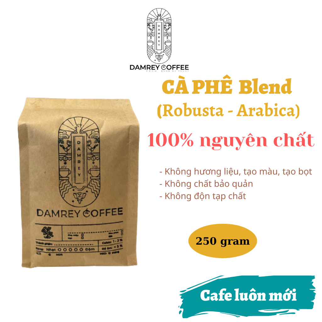 Cà phê DAMREY COFFEE Blend rang mộc nguyên chất vị truyền thống, đậm đà, hương thơm, hậu vị ngọt