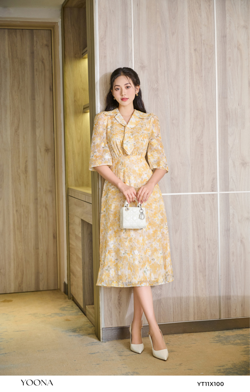 Đầm tơ họa tiết hoa dáng dài phối cổ cách điệu yoona - yt11x100