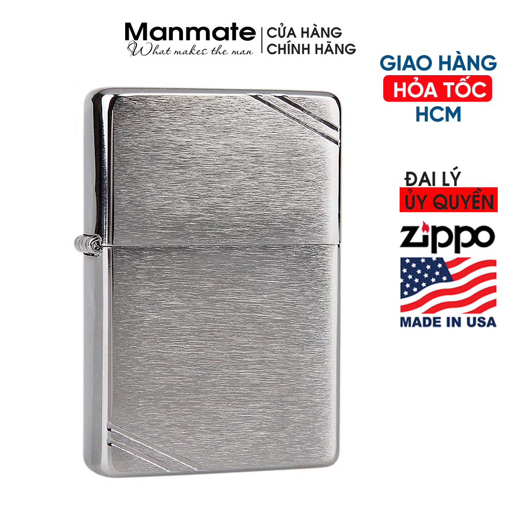 Zippo mỹ Vintage Brushed Chrome (made in USA) tem đỏ, chính hãng Mỹ - Manmate Zippo (không bao gồm xăng)