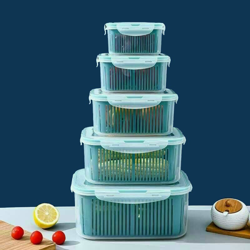 Sét 5 hộp đựng thực phẩm 2 lớp thông minh - hộp nhựa, hộp đựng thực phẩm - set 5 hộp 2 lớp đa năng bảo quản rau quả tươi trong tủ lạnh có giá thoát nước