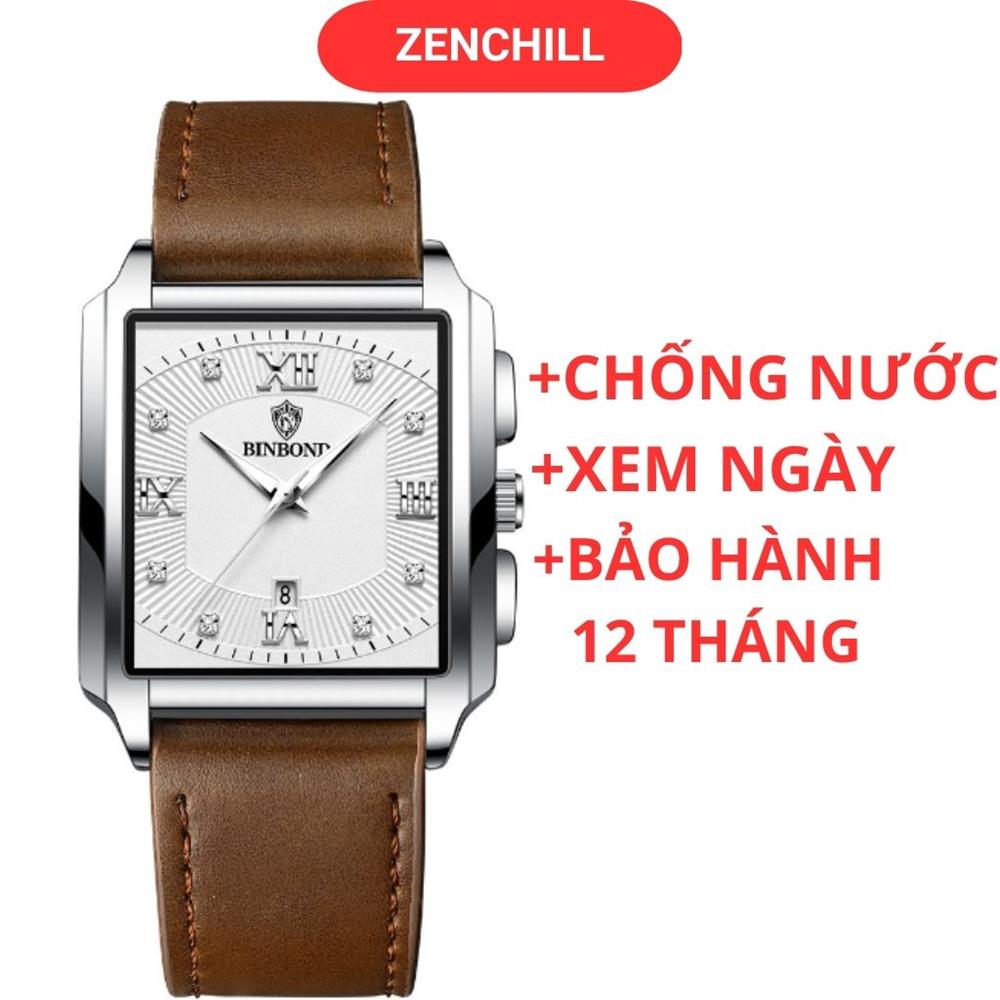 Đồng hồ nam mặt vuông CHỐNG NƯỚC đồng hồ dây da nam đẹp sang trọng thời trang