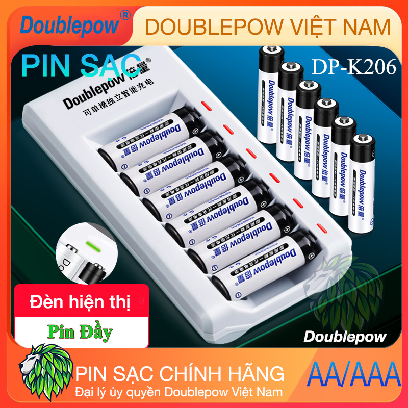 Bộ sạc pin AA/AAA Doublepow K206 Tự Ngắt, với 6 khe cắm pin 2A 3A -Bộ Sạc Báo Đèn Khi Pin Đầy Thông Minh - công suất lớn chuyên karaoke gia đình, đồ chơi, chuột máy tính, micro