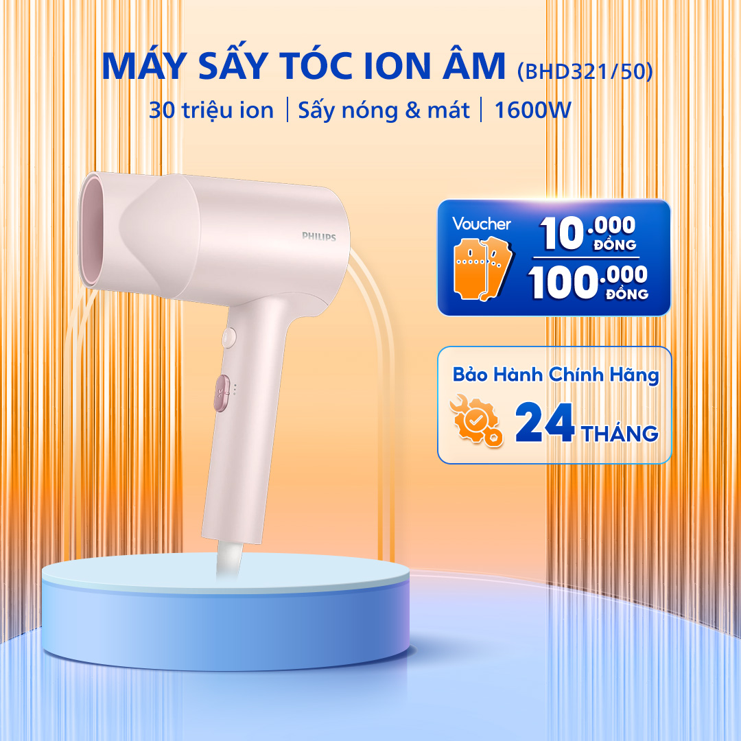 Máy Sấy Tóc PHILIPS Series 3000 BHD321/50, Công Suất 1600 W, Tăng Cường Ion Âm, Bảo Hành 24 Tháng