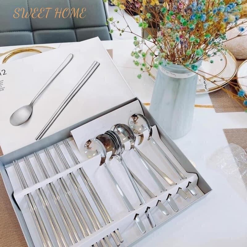 Bộ 12 muỗng đũa bằng inox bộ 6 đôi đũa thìa cao cấp sweethome
