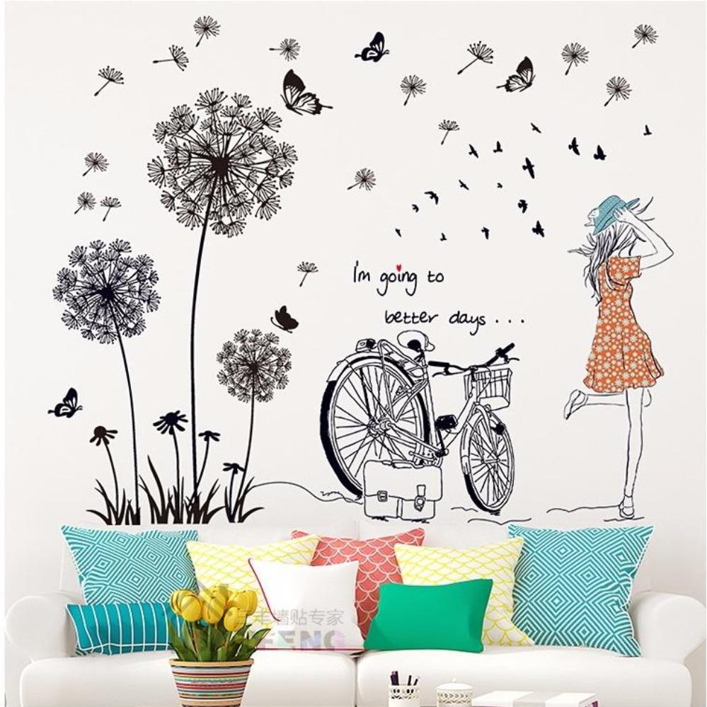 Combo decal dán tường cô gái và hoa bồ công anh df5125+mj7008