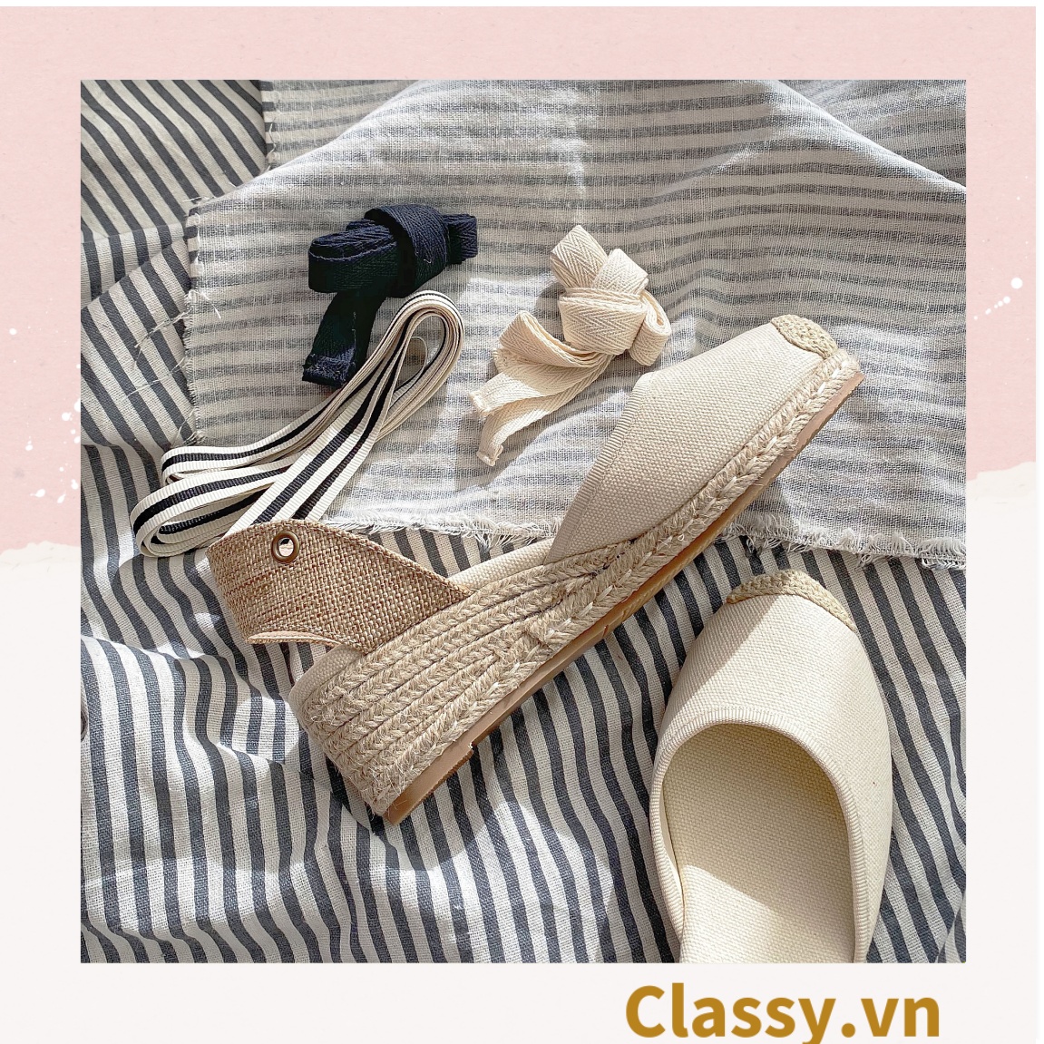 Classy giày cói đế xuồng quai giày cột nơ