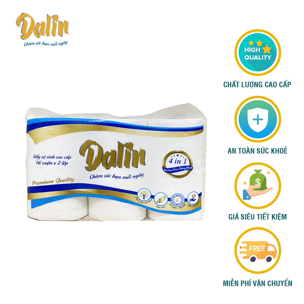 Giấy vệ sinh có lõi 6 cuộn/lốc nguyên sinh cao cấp DALIN, giấy ăn, giấy vệ sinh có lõi DALIN cao cấp
