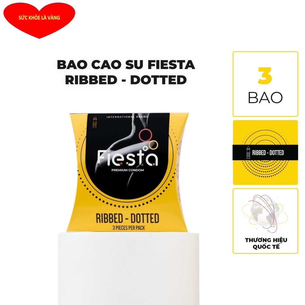 Bao cao su siêu mỏng gân, gai, bo đầu Fiesta Ribbed Dotted – hộp 3 cái