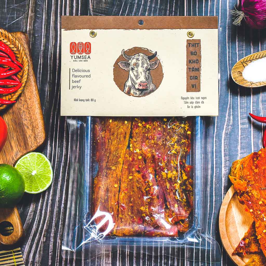 Bò khô miếng ăn liền Yumsea, 80g, bịch, mẫu hút chân không