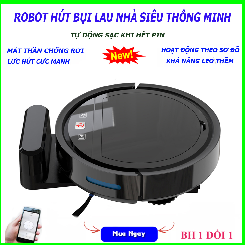 Robot Hút Bụi Lau Nhà Thông Minh, Robot Hút Bụi Lau Nhà Tự Động. Cảm Biến Thông Minh,  Điều Khiển Qua App, Lực Hút Mạnh Mẽ, Hoạt Động Theo Lập Trình Sẵn, Tự Sạc Khi gần Hết Pin.  Có 3 Mắt Thần Chống Rơi Cầu Thang