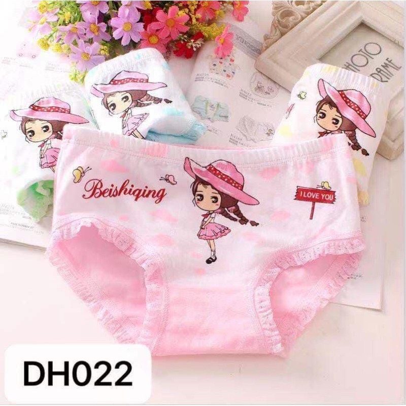 [HCM] Set 4 quần chip tam giác phối ren mẫu cô GÁI đội nón đáng yêu - Co Dãn 4 chiều cho bé gái 3t-12tuoi