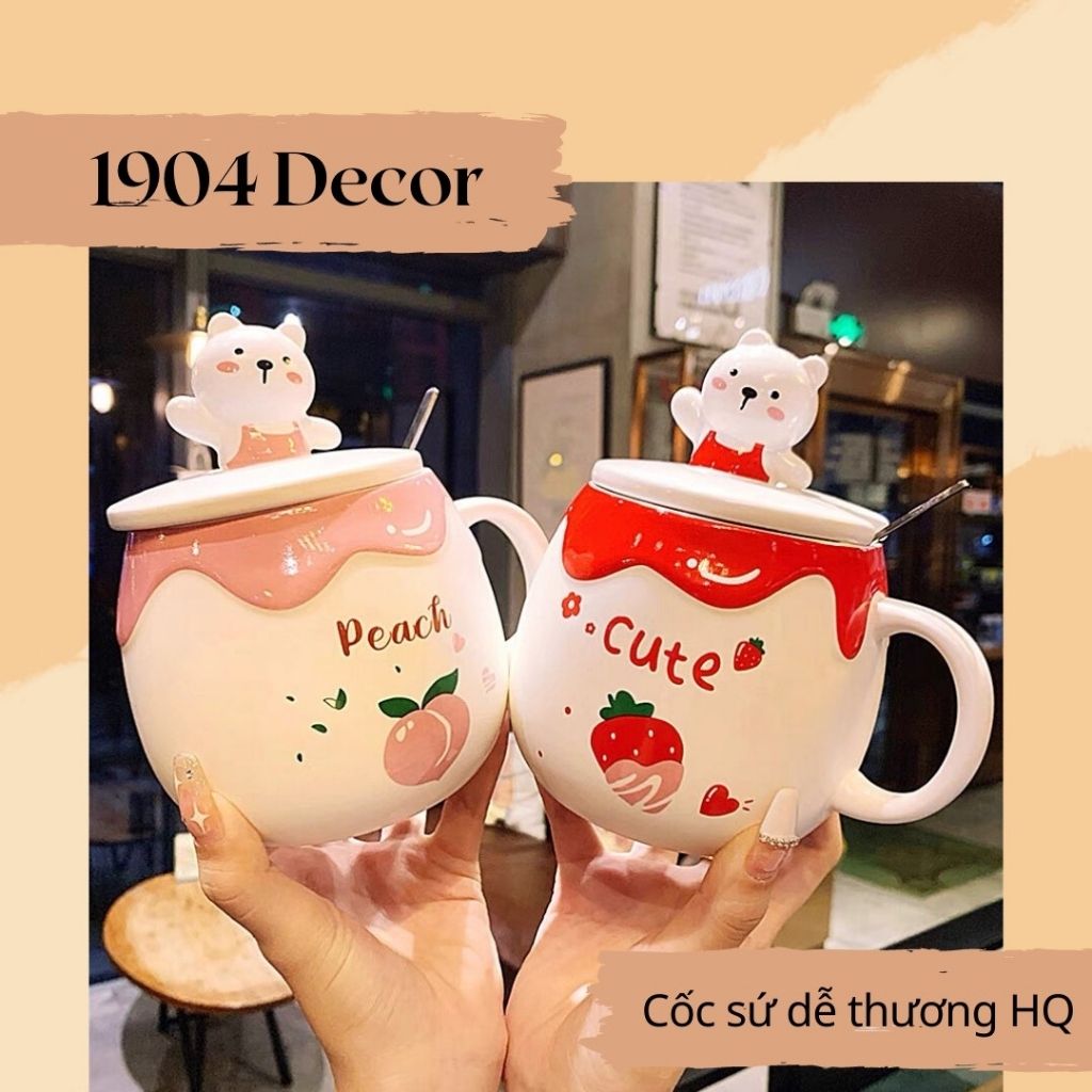 Ly, cốc gốm sứ cao cấp hình gấu dễ thương kèm nắp và thìa - 1904 DECOR