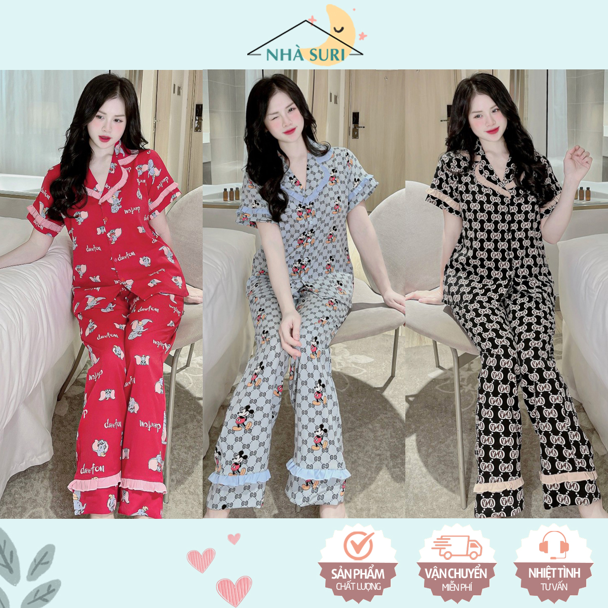 Đồ bộ mặc nhà cổ phối tay ngắn quần dài, pizama nữ lụa mango Nhà Suri