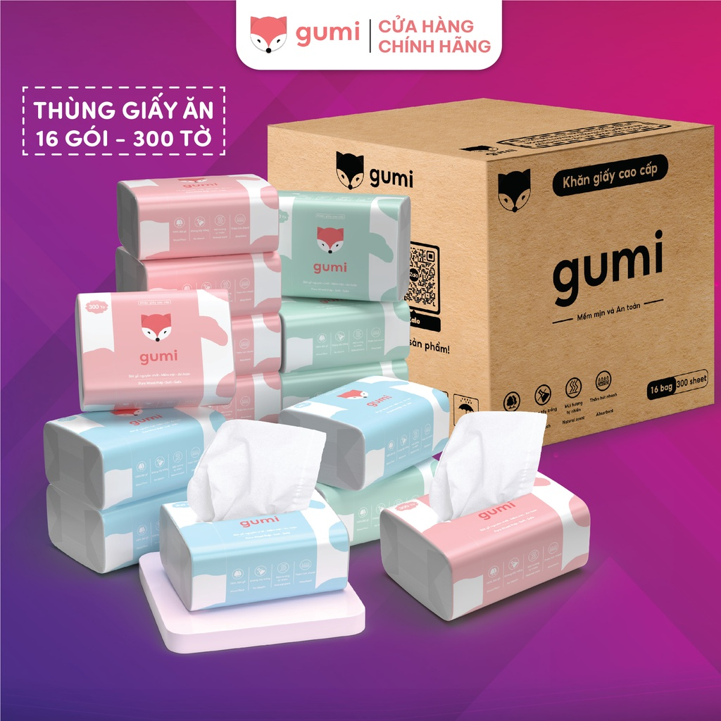 Khăn giấy ăn GUMI bịch 16 gói 3 lớp, siêu dai, siêu mềm, siêu mịn cao cấp tiện lợi