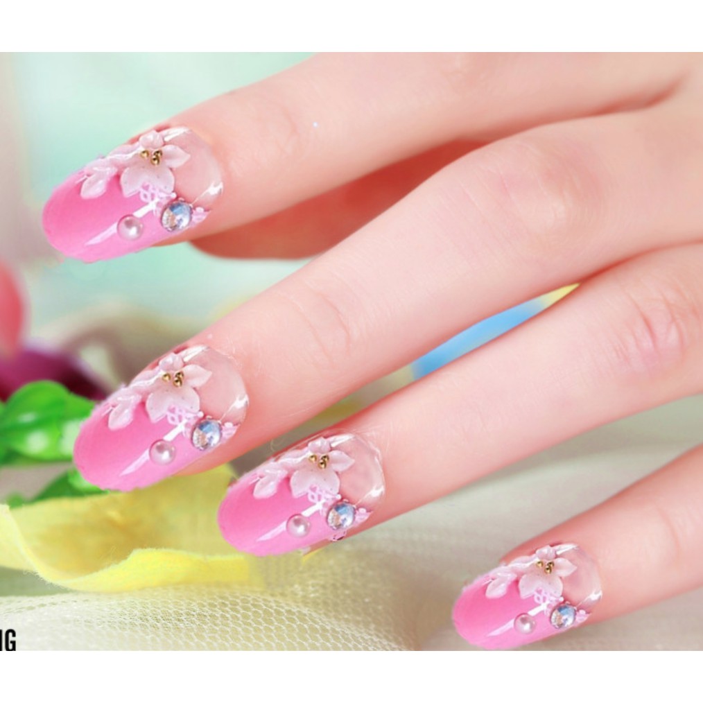 Bộ 24 Móng tay giả Hồng Baby Đính Hoa Nỗi  (kèm dũa+keo dán sẵn)