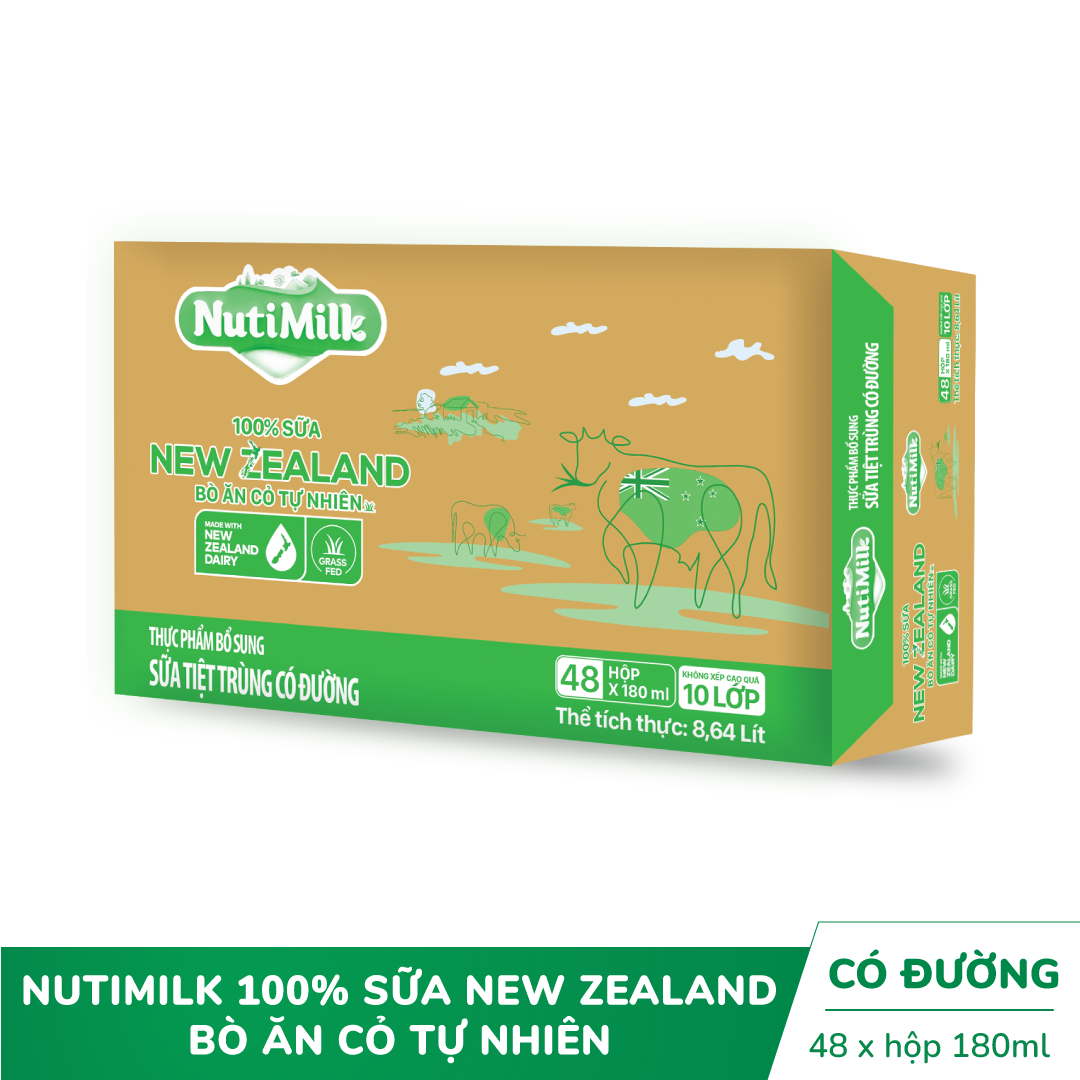 Thùng 48 Hộp NutiMilk 100% Sữa New Zealand Bò ăn cỏ tự nhiên Có đường Ít
