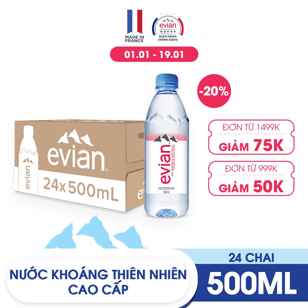 Thùng 24 chai nước khoáng thiên nhiên Evian 500ml