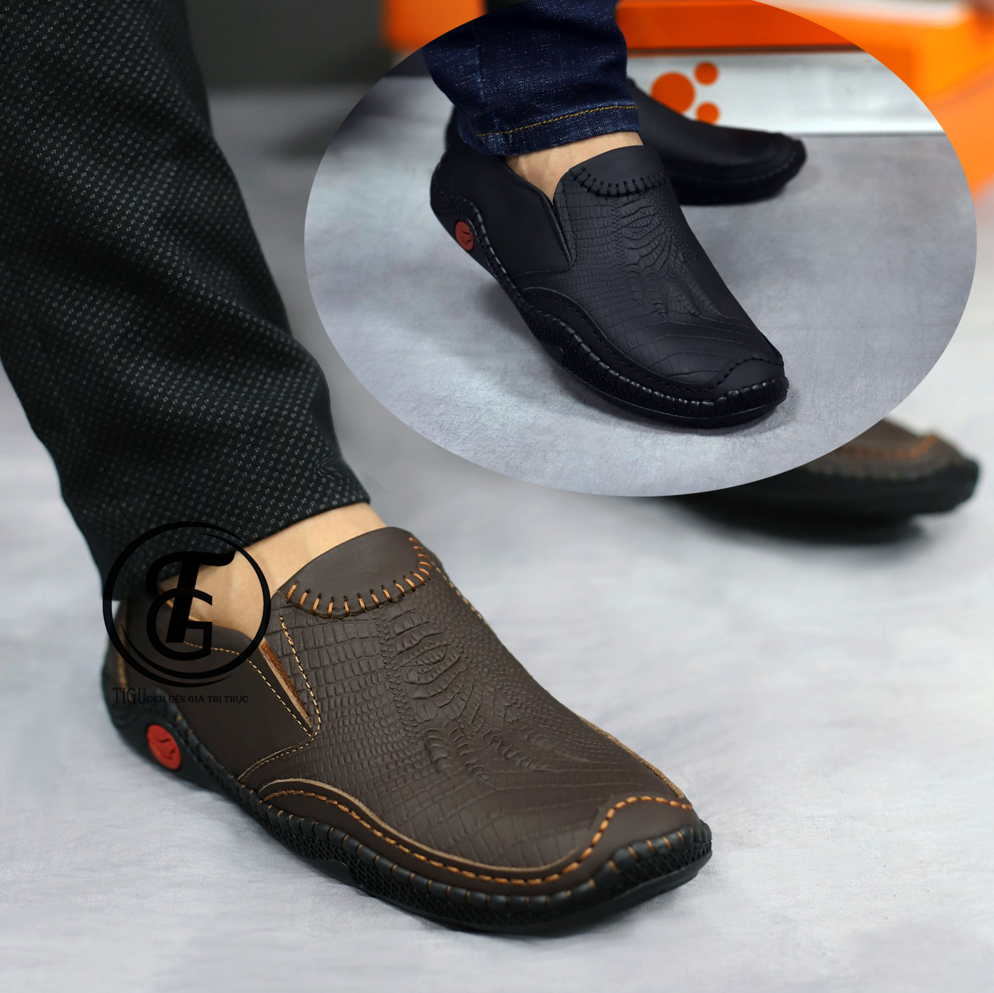 Giày mọi nam da  in vân cá sấu , đế khâu 2 lớp siêu bền êm chân p1