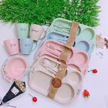 [HCM]BỘ KHAY ĂN DẶM LÚA MẠCH CHO BÉ 6 MÓN (KHAY + BÁT + CỐC + THÌA + ĐŨA + NĨA)  dụng cụ đựng thức ăn cho bé  khay đựng thức ăn tập ăn cho bé