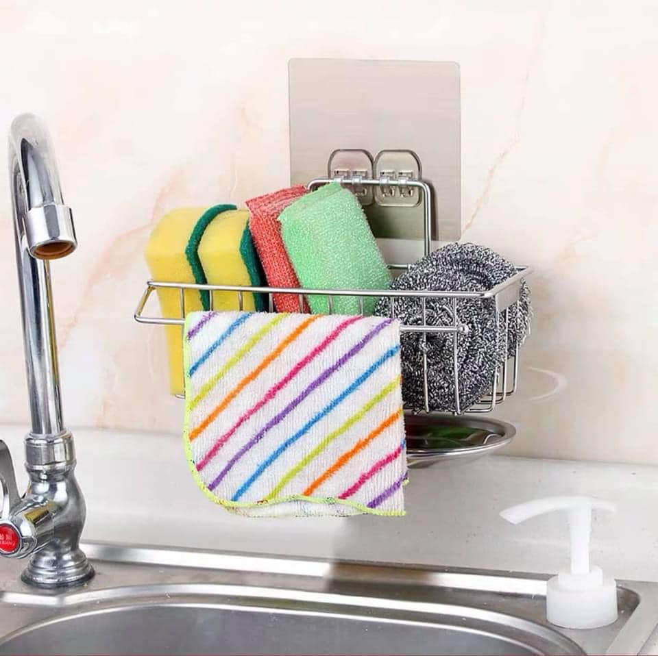 Kệ giỏ inox sus 304 đựng dụng cụ rửa chén bát kèm miếng dán tường
