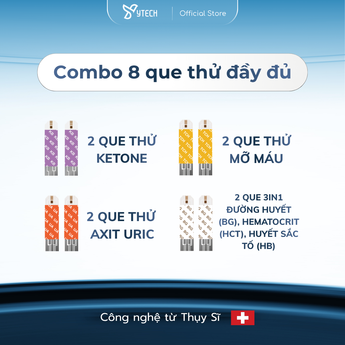 [YTECH] Set 8 Que Test FORA - 2 Que Ketone + 2 Que 3in1 + 2 Que Axit Uric + 2 Que Mỡ Máu