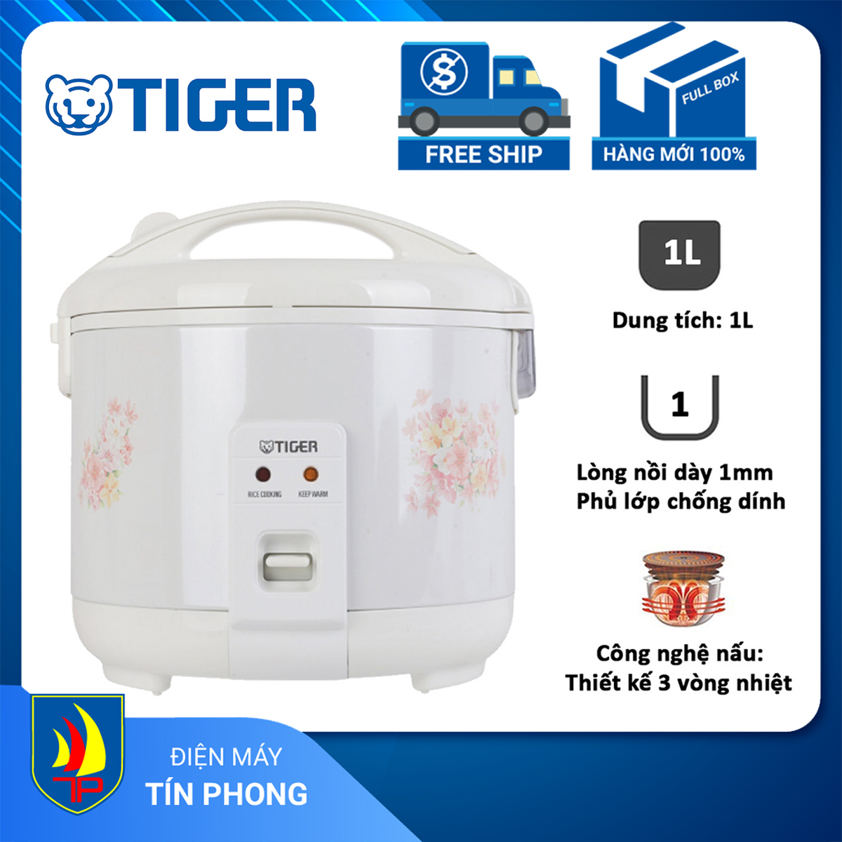 Nồi cơm điện tiger jnp-1000 - - dung tích 1 lít, công suất 518w, giữ ấm cơm đến 12h - hàng chính hãng, bảo hành 12 tháng
