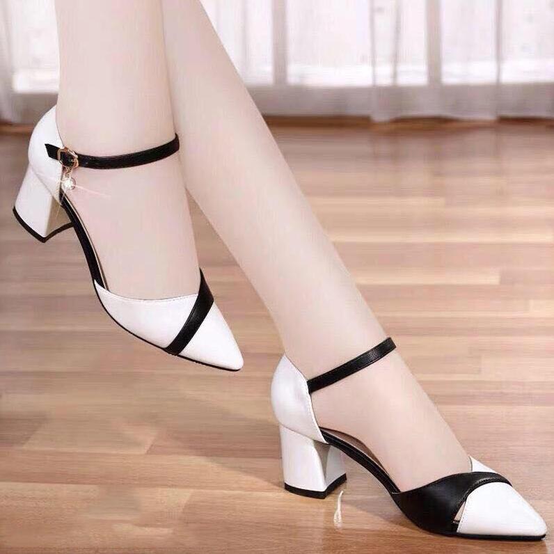 [HCM]Giày Sandal Nữ Cao Gót 7 Phân Họa Tiết Đan Đen Trắng Đan Chéo