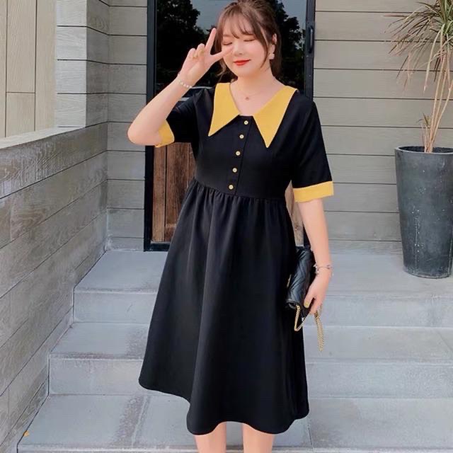 Đầm babydoll cổ vàng đính nút bigsize 65-85kg