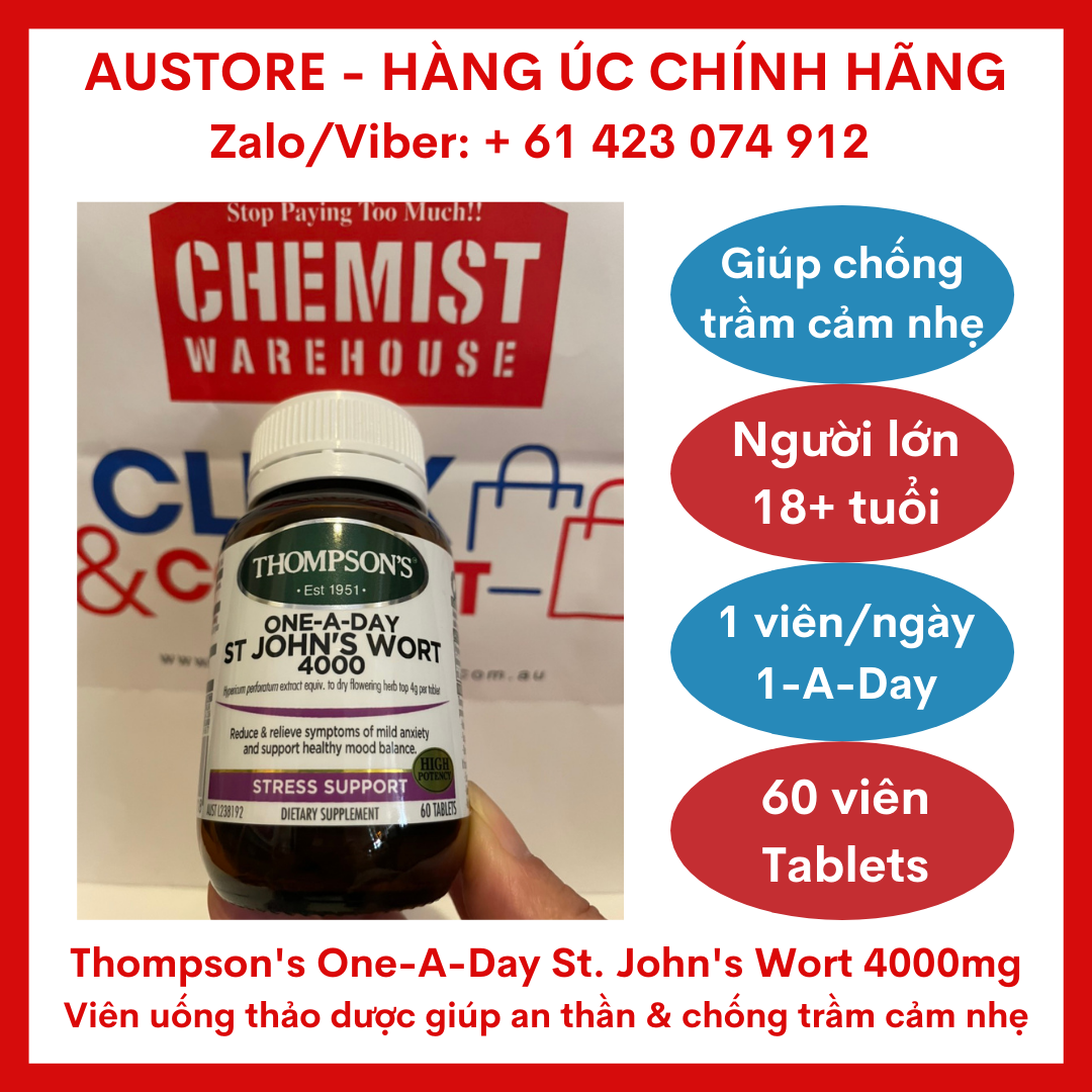 [Bill Úc, Date mới] Thompson's One-A-Day St. John's Wort 4000mg 60 Tablets - Viên uống thảo dược Thompson John Wort giúp an thần & chống trầm cảm nhẹ, liều dùng 1 viên/ngày