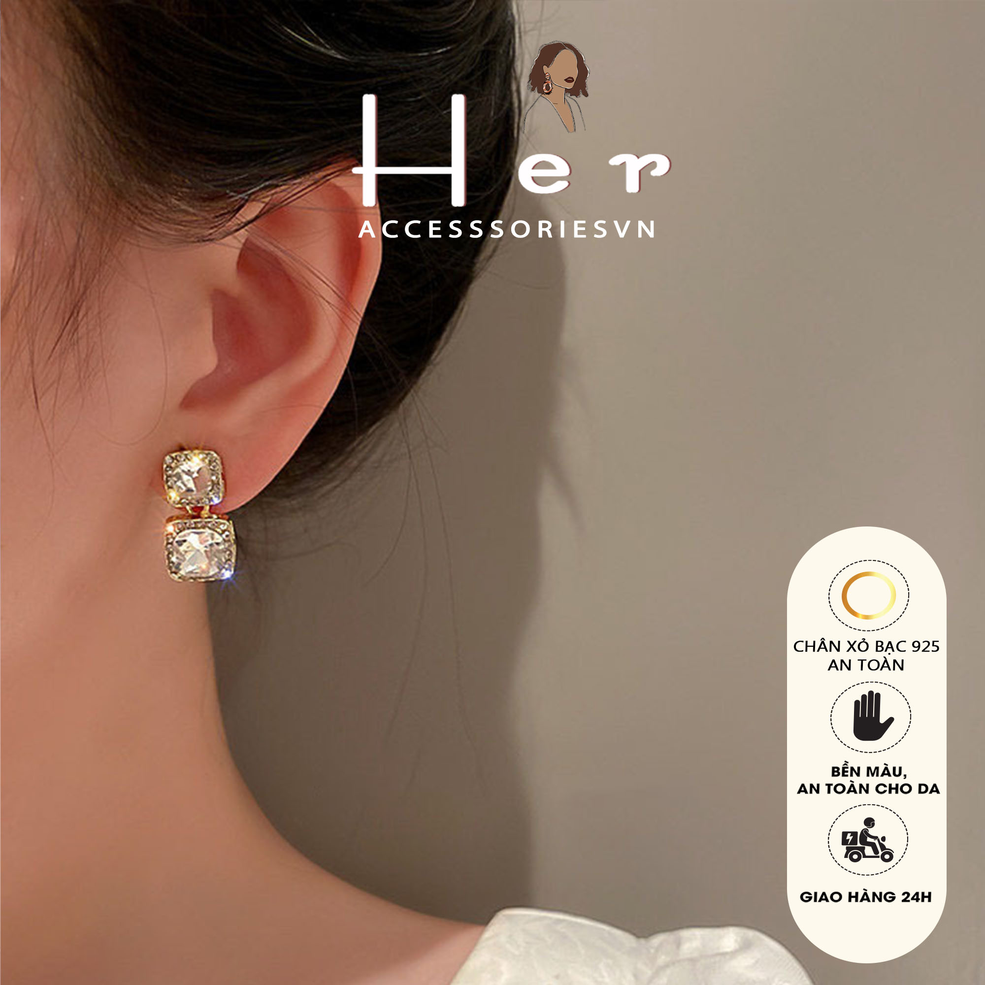 Hoa tai đá zircon sang trọng, bông tai dài dự tiệc Her Jewelry H159