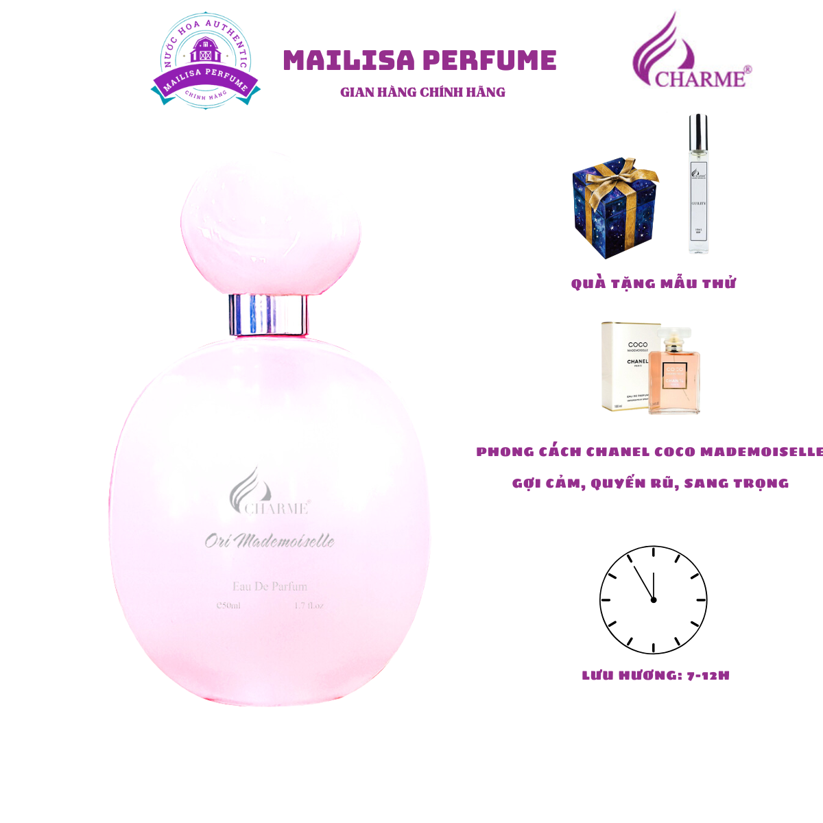 Nước hoa nữ Char.me Ori Mademoiselle 50ml Gợi cảm, Quyến rũ