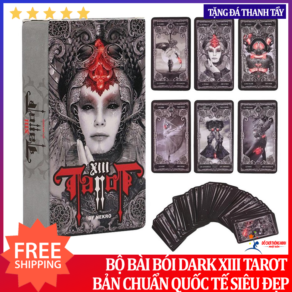 Combo bộ bài bói dark xiii tarot cao cấp và túi nhung và khăn trải bản tarot tặng đá thanh tẩy