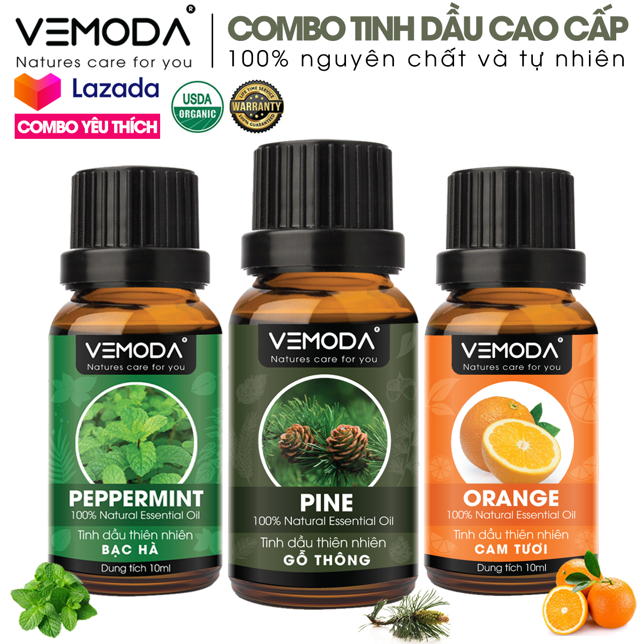 Tinh dầu xông phòng cao cấp gồm 3 chai tinh dầu nguyên chất: tinh dầu Bạc hà + tinh dầu Gỗ thông + tinh dầu Cam tươi Vemoda