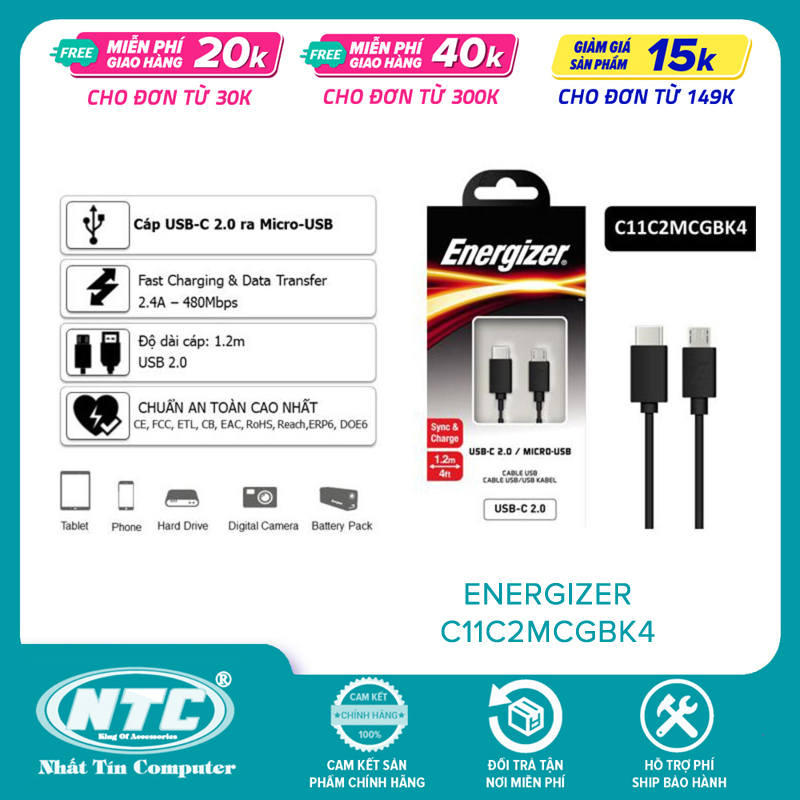 Cáp sạc nhanh Energizer C11C2MCGBK4 dài 1.2m cổng TypeC sang microUSB Hãng phân phối chính thức