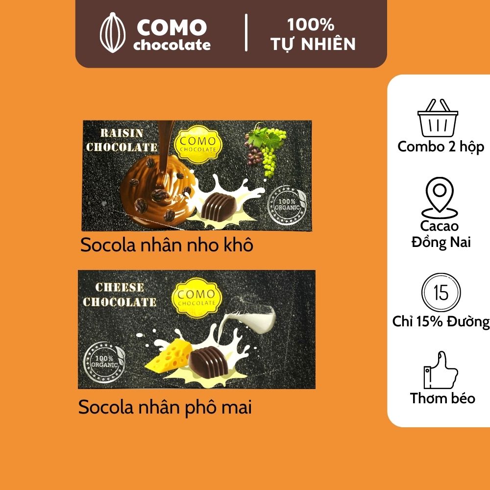 [Combo 2 hộp] Socola nhân phô mai + Socola nhân nho khô COMO Chocolate 100g béo thơm 100% tự nhiên, chứng nhận an toàn thực phẩm. Ít ngọt ăn kiêng ngon khó cưỡng. Đồ ăn vặt nội địa ngon