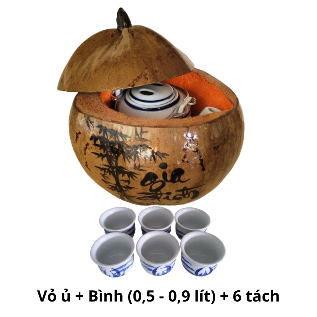 Bình ủ trà trái dừa khắc chữ Gia đình / Bình trà 0,4 - 0,9 lít / Giữ ấm từ 3 - 6 giờ / Sản phẩm sản xuất thủ công / Xưởng sản xuất tại Bến Tre