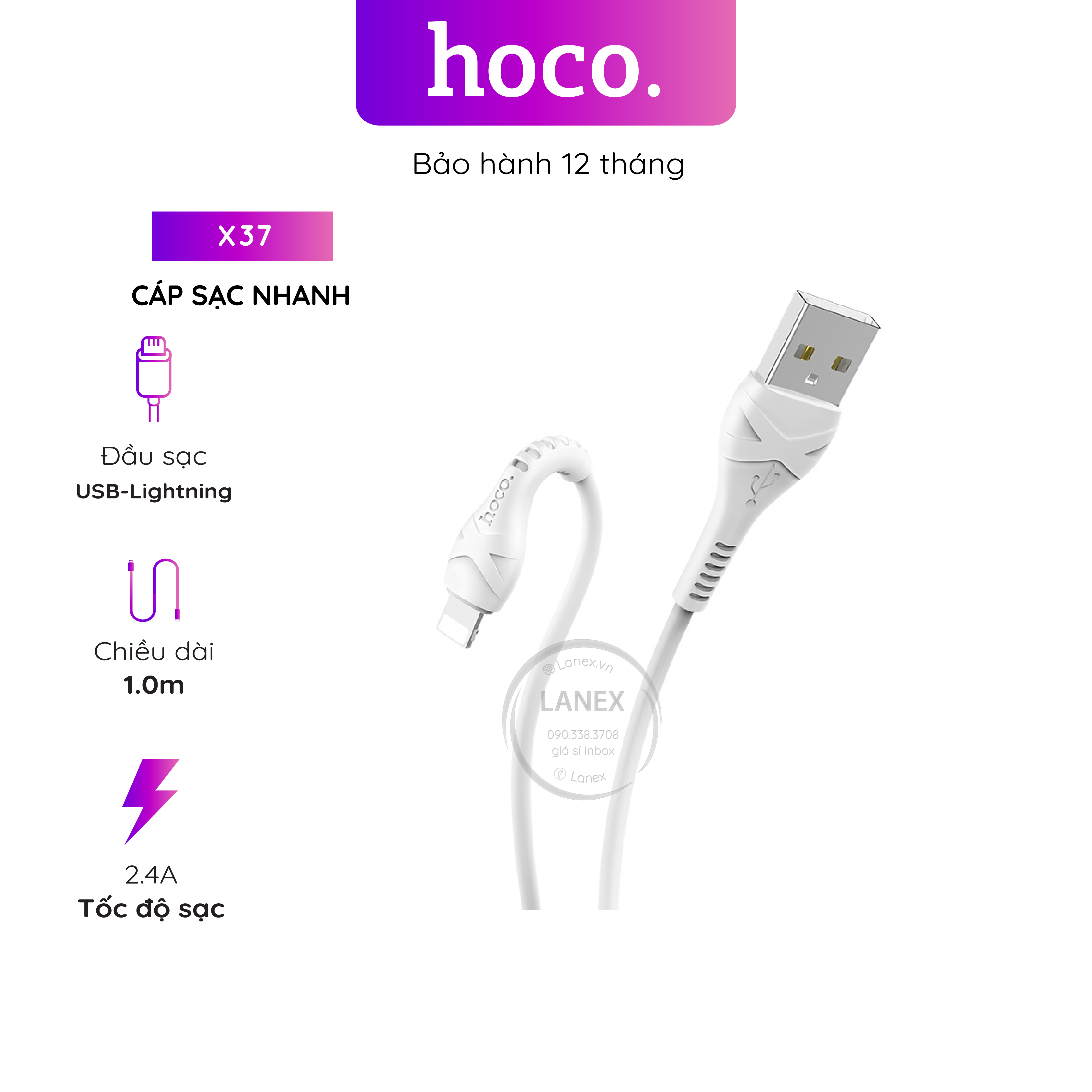 Cáp sạc nhanh hoco x37 nhựa pvc lightning 2.4a dài 1.0m