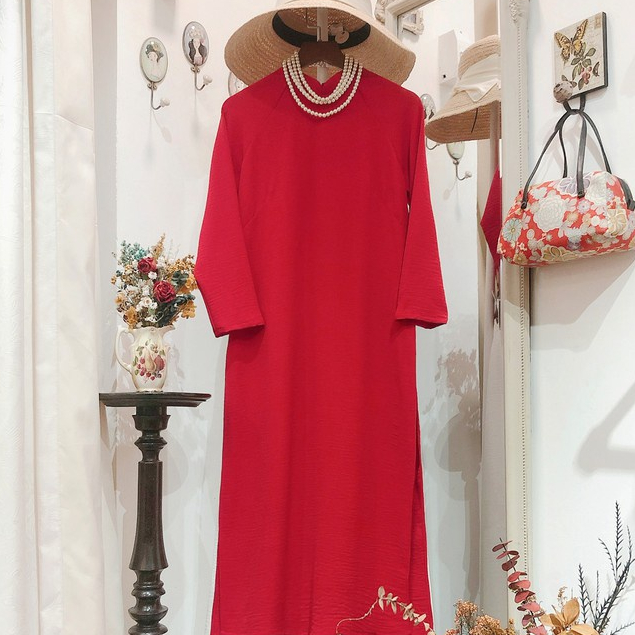 Áo dài Cam Đỏ Đô Tươi cách tân nữ dáng xuông Tiệm 90 may sẵn lụa suông bầu dự tiệc lễ tết đẹp AD90087