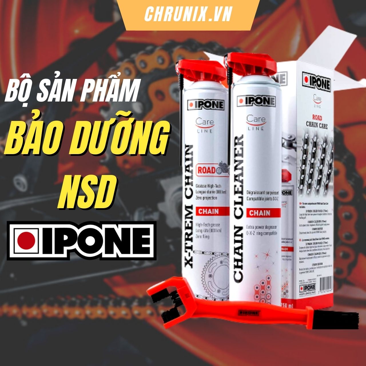 Bộ vệ sinh chăm sóc sên/xích xe mô tô xe máy - Rửa sên, Dưỡng sên, bàn chải Ipone Road Chain Care Pack Chrunix