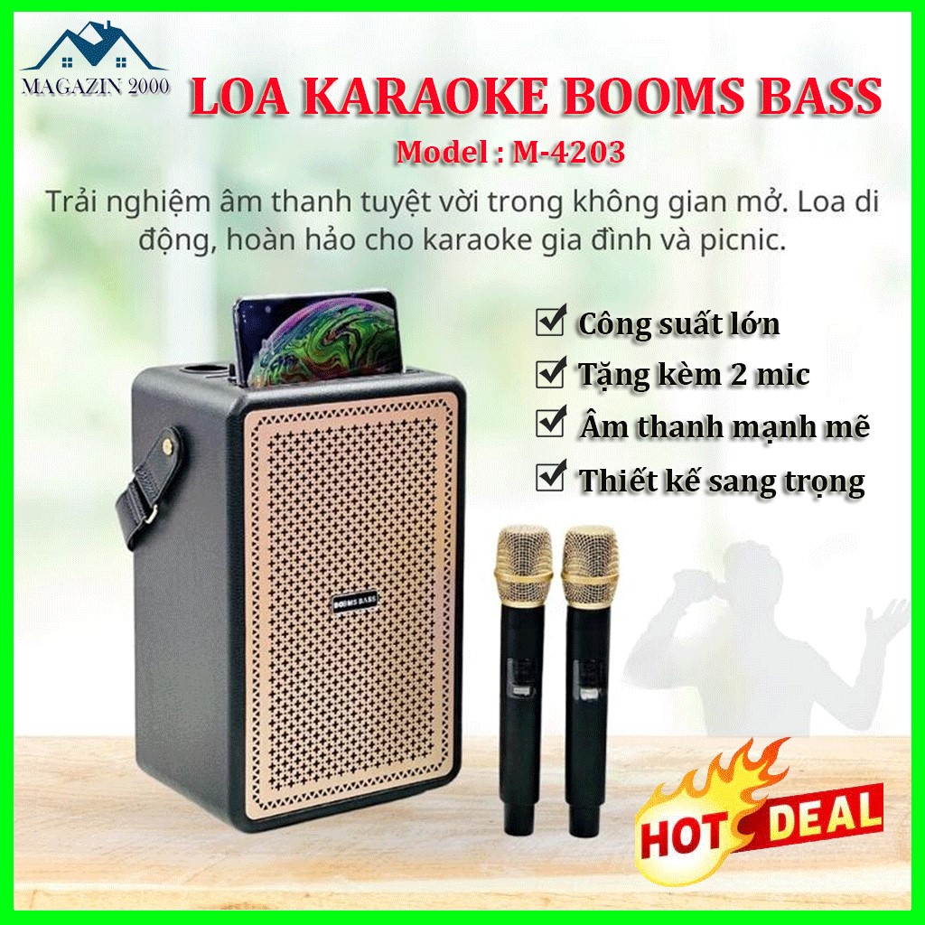 Loa karaoke bluetooth booms bass M4023 công suất lớn tặng kèm 2 mic không dây Loa kéo bluetooth bass mạnh treble rời âm thanh đỉnh cao thiết kế gỗ bọc da sang trọng Loa kẹo kéo Loa bluetooth