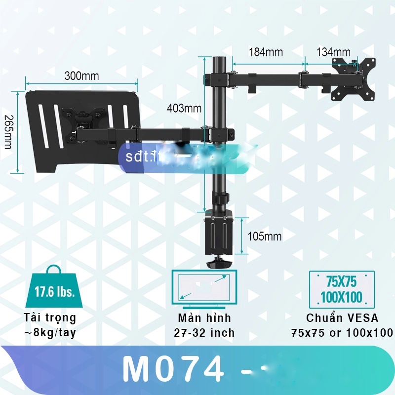Giá treo màn hình máy tính 17 - 27 inch kèm giá đỡ laptop 10 - 17 inch moden m074 - tải trọng 8kg - tay 38 cm - lắp đặt kẹp bàn
